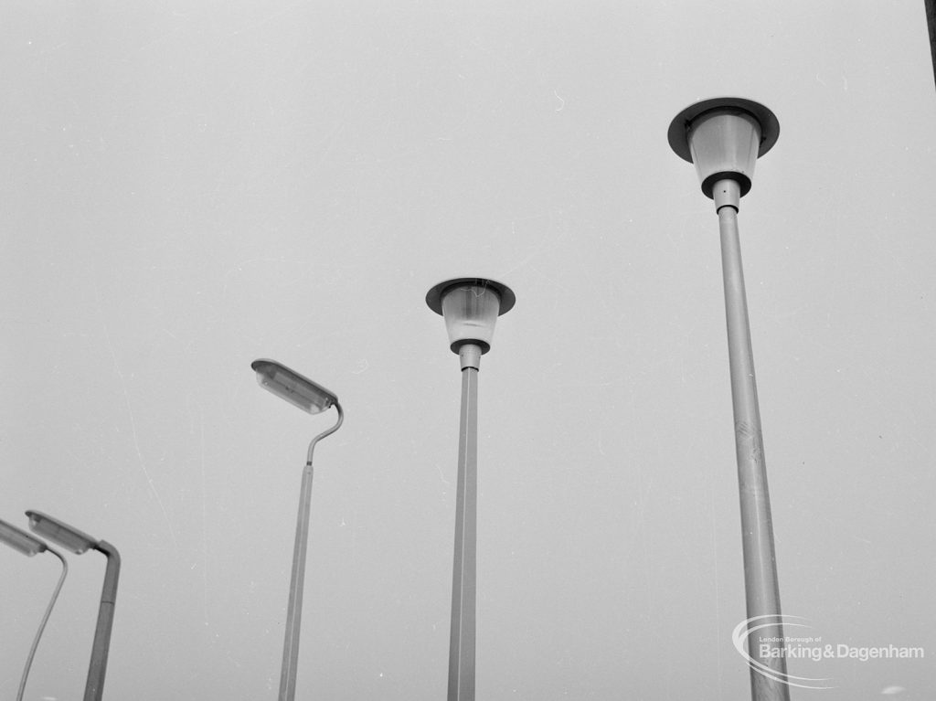 Lighting with specially erected sample lamp-posts at Barking, showing five fittings, 1966