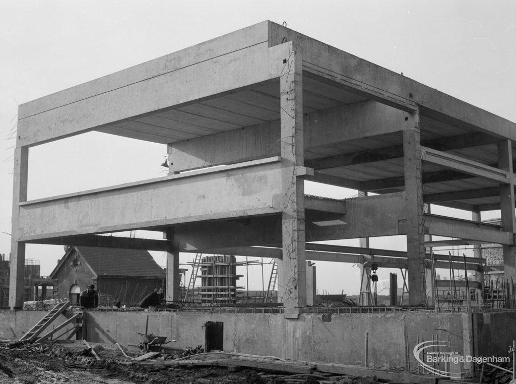 Riverside Sewage Works Reconstruction IX, showing end view of the superstructure of Control Hall, 1966