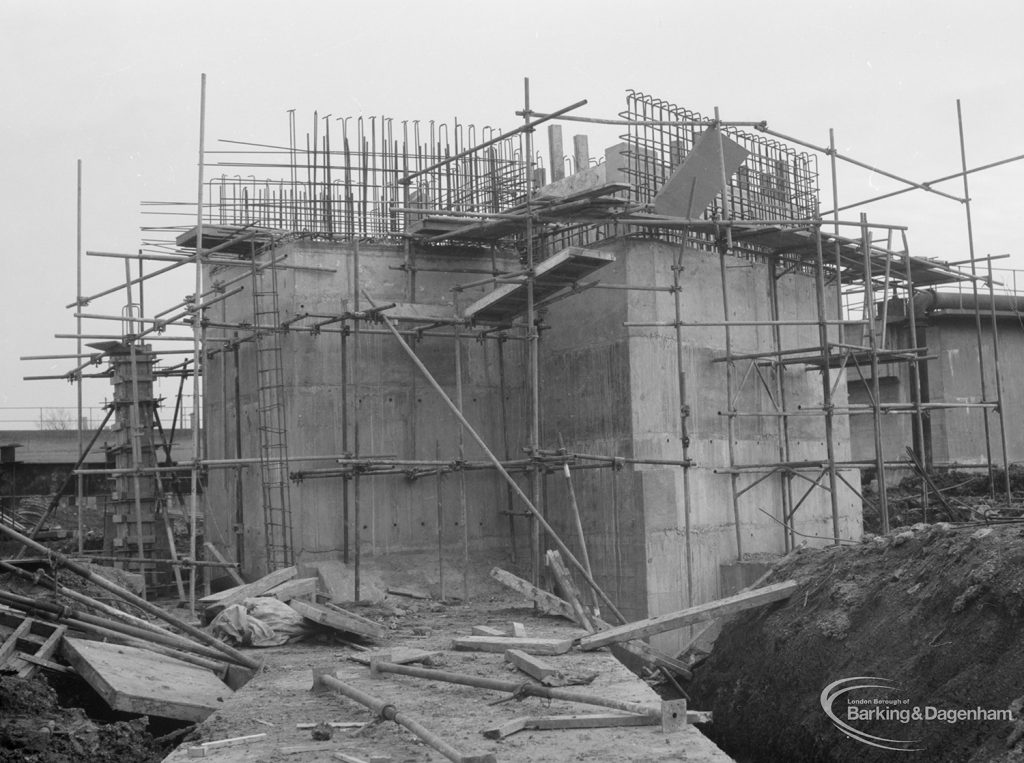 Riverside Sewage Works Reconstruction IX, showing ‘fortress’ on south side, 1966