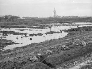 Riverside Sewage Works Reconstruction IX, showing flooded area, 1966