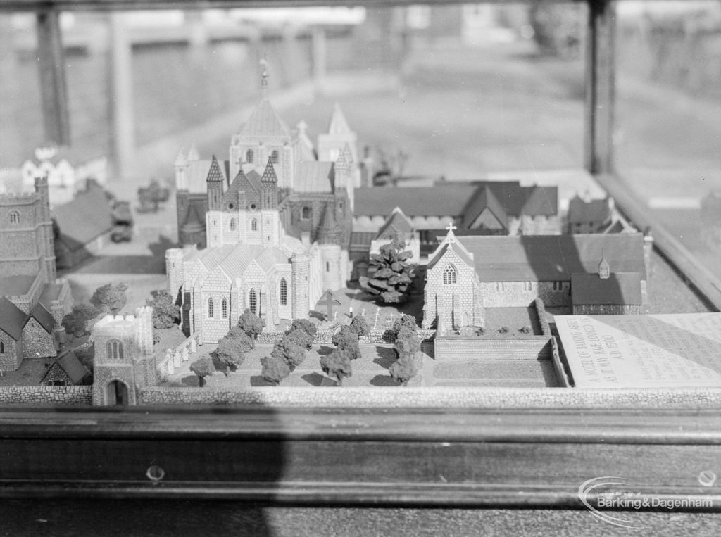 Barking Abbey model of medieval buildings at Barking Abbey School, showing view from ground level, with Curfew Tower, 1966