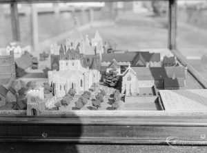 Barking Abbey model of medieval buildings at Barking Abbey School, showing view from ground level, with Curfew Tower, 1966