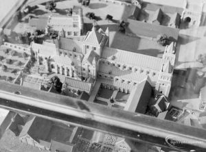 Barking Abbey model of medieval buildings at Barking Abbey School, showing aerial view from west, with all main buildings, 1966