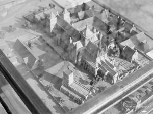 Barking Abbey model of medieval buildings at Barking Abbey School, showing aerial view from north-east, with St Margaret’s Church (bottom centre), 1966
