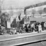 Barking Abbey model of medieval buildings at Barking Abbey School, showing ground level view from north-east, with Curfew Tower, 1966