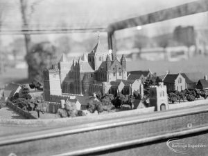 Barking Abbey model of medieval buildings at Barking Abbey School, showing ground level view from north-east, with Curfew Tower, 1966