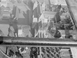 Barking Abbey model of medieval buildings at Barking Abbey School, showing aerial view from north, 1966