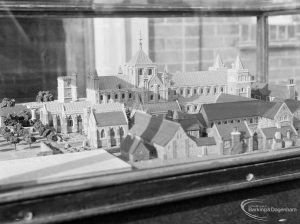 Barking Abbey model of medieval buildings at Barking Abbey School, showing isometric view from north-west, 1966