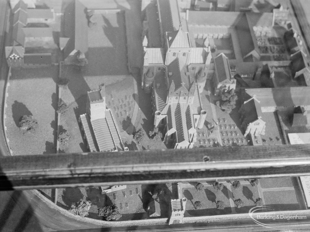 Barking Abbey model of medieval buildings at Barking Abbey School, showing high aerial view from north, with Curfew Tower, 1966