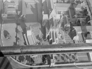 Barking Abbey model of medieval buildings at Barking Abbey School, showing high aerial view from north, with Curfew Tower, 1966