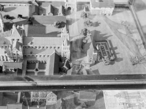 Barking Abbey model of medieval buildings at Barking Abbey School, showing high aerial view of western half, 1966