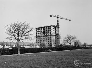 Church Elm Lane, Dagenham Housing Development II, showing the view of the tower block from the park, 1966