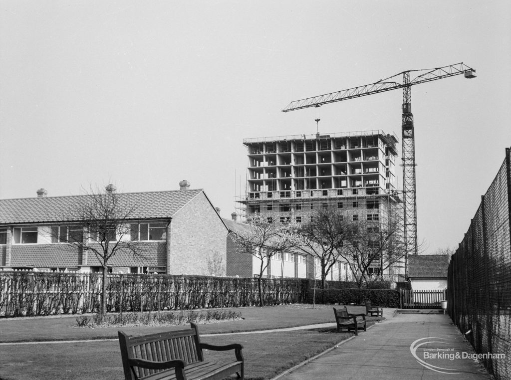 Church Elm Lane, Dagenham Housing Development II, showing the tower block from the west, 1966