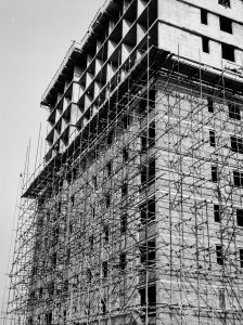 Church Elm Lane, Dagenham Housing Development II, showing the the scaffolding on the tower block from the south-west view, 1966