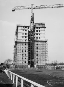 Church Elm Lane, Dagenham Housing Development II, showing the tower block and crane from the south, 1966