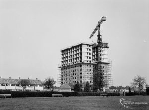 Church Elm Lane, Dagenham Housing Development II, showing the tower block and crane from the south-east of the arena, 1966