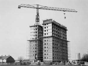 Church Elm Lane, Dagenham Housing Development II, showing the tower block and crane from the south-west, 1966