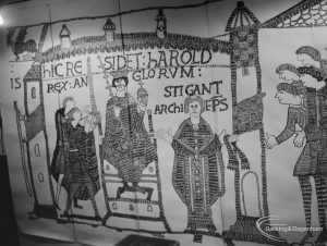 Barking Libraries exhibition at Valence House, Dagenham for National Book Week, showing copy of section of the Bayeaux Tapestry made for January 1953 Saxon Essex Exhibition, 1966