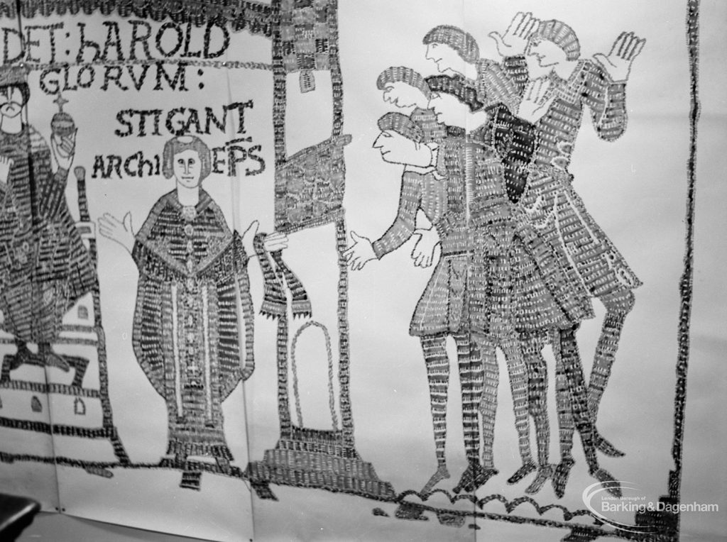 Barking Libraries exhibition at Valence House, Dagenham for National Book Week, showing copy of section of the Bayeaux Tapestry made for January 1953 Saxon Essex Exhibition, 1966