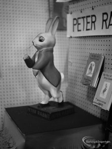 Barking Libraries exhibition at Valence House, Dagenham for National Book Week, showing model of Peter Rabbit on Beatrix Potter Centenary stand, 1966
