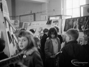 Barking Libraries exhibition at Valence House, Dagenham for National Book Week, showing children visiting the exhibition, 1966