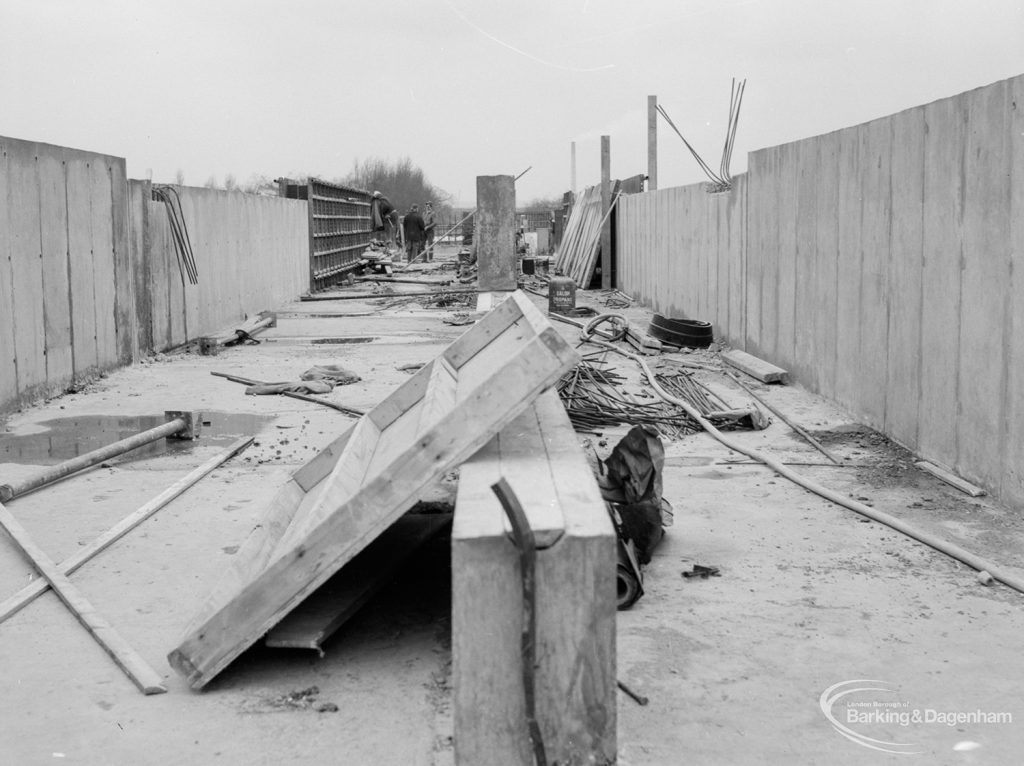 Riverside Sewage Works Reconstruction X showing inbetween the two central tanks, 1966