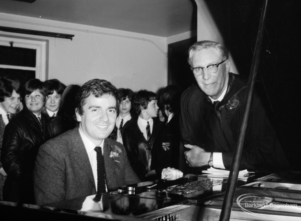 Dagenham County High School showing Dudley Moore at function with staff, 1966