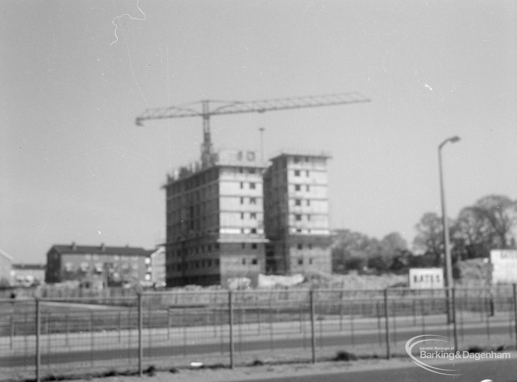 Marks Gate Tower Block showing a distance shot of Highview House, Hatch Grove, Chadwell Heath from the south, 1966