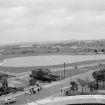 Becontree Heath showing the view from the Civic Centre, Dagenham of the balancing and boating lake, 1966