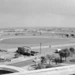 Becontree Heath showing the view from the Civic Centre, Dagenham of the balancing and boating lake, 1966