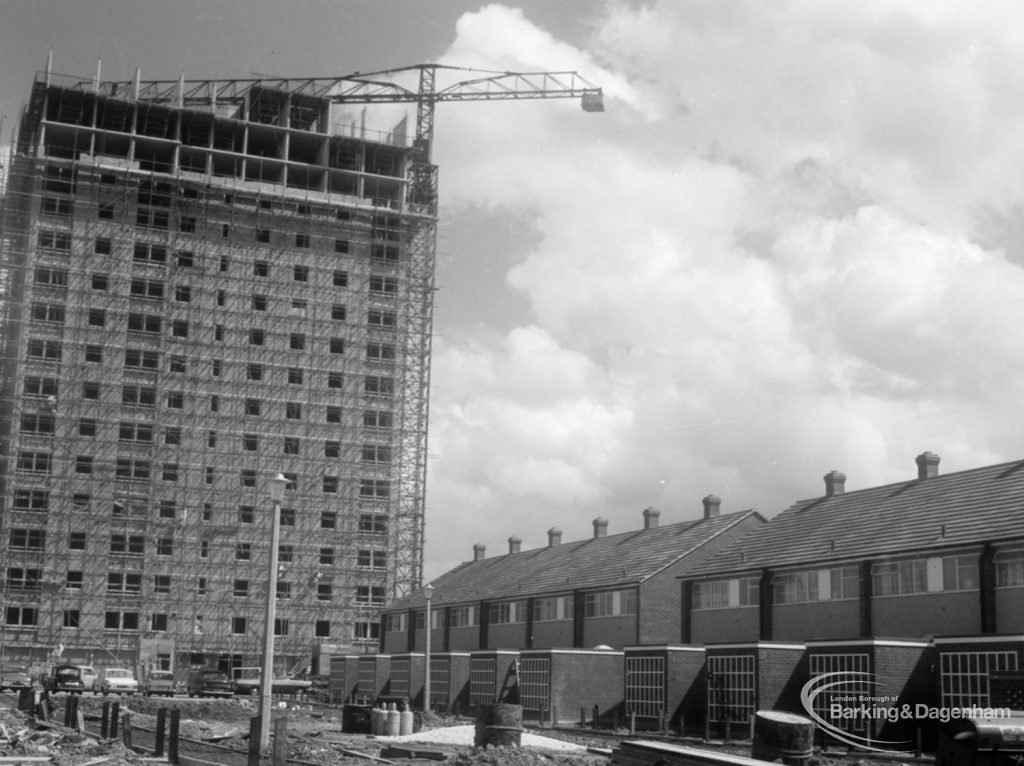 Housing in Church Elm Lane, Dagenham showing Thaxted House and row of houses below, from the south, 1966