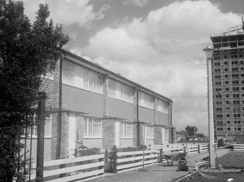 Housing in Church Elm Lane, Dagenham showing houses to west of Thaxted House (shown), facing west, 1966