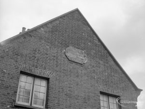 Housing in Church Elm Lane, Dagenham showing top of gable and original plaque of Almshouses off Crown Street, Dagenham, 1966