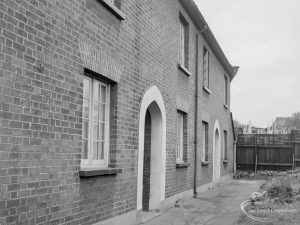 Housing in Church Elm Lane, Dagenham showing the side, with doors, of Almshouses off Crown Street, Dagenham, facing east and taken from south-east, 1966