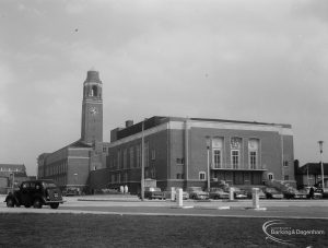 Barking Assembly Hall, with Town Hall and clocktower in background, from south-west, 1966