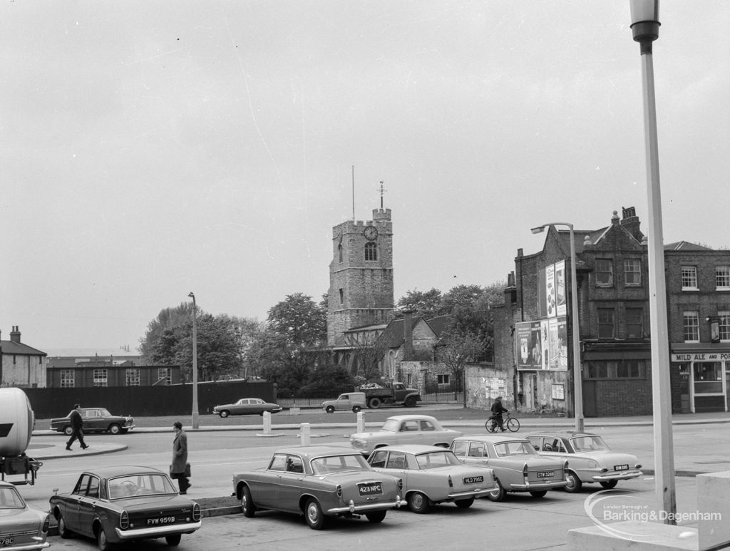 St Margaret’s Church, Barking from Assembly Hall, also showing shops, 1966