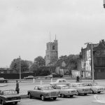 St Margaret’s Church, Barking from Assembly Hall, also showing shops, 1966