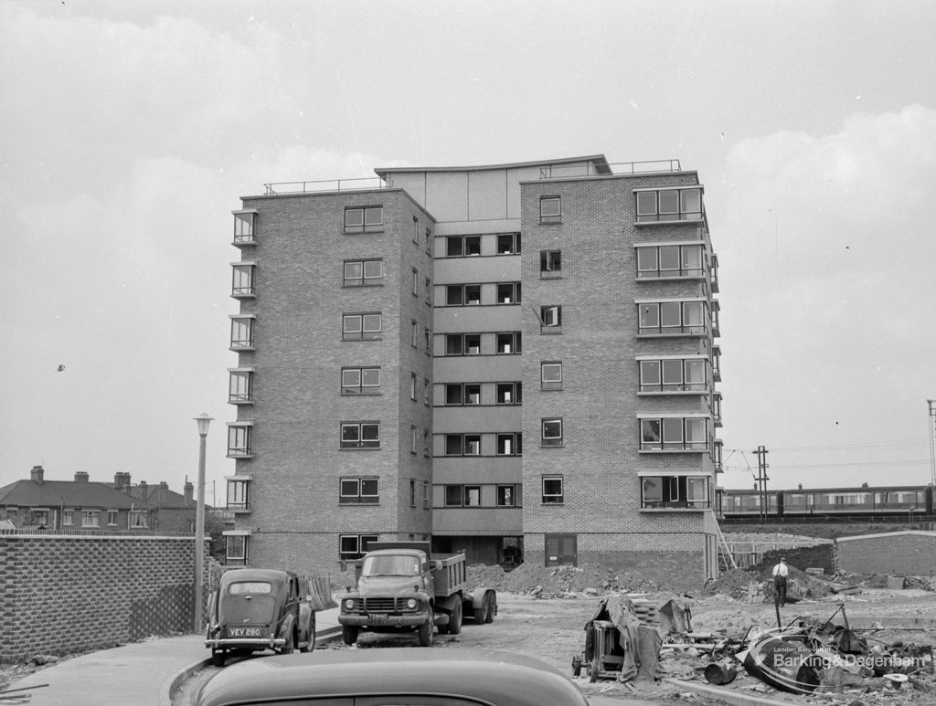 John Burns Drive off Ripple Road, Barking, showing block of flats from east, 1966