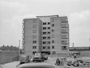 John Burns Drive off Ripple Road, Barking, showing block of flats from east, 1966