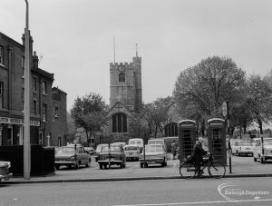 St Margaret’s Church, Barking, with Barge Aground Public House on left and car park, 1966