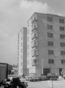Housing in John Burns Drive, off Ripple Road, Barking, showing the main block of flats, from north-east, 1966