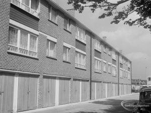 Housing in John Burns Drive, off Ripple Road, Barking, showing garaged dwellings and foliage, 1966