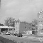 Housing in John Burns Drive, off Ripple Road, Barking, showing detached three-storey square block of flats and neighbouring block [possibly in Lancaster Road], 1966