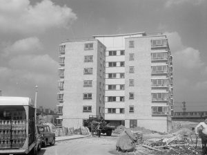 Housing in John Burns Drive, off Ripple Road, Barking, showing block of flats, 1966