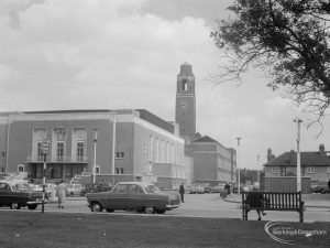 Barking Assembly Hall from south-east, with tree on right, and Barking Town Hall and clocktower in background, 1966