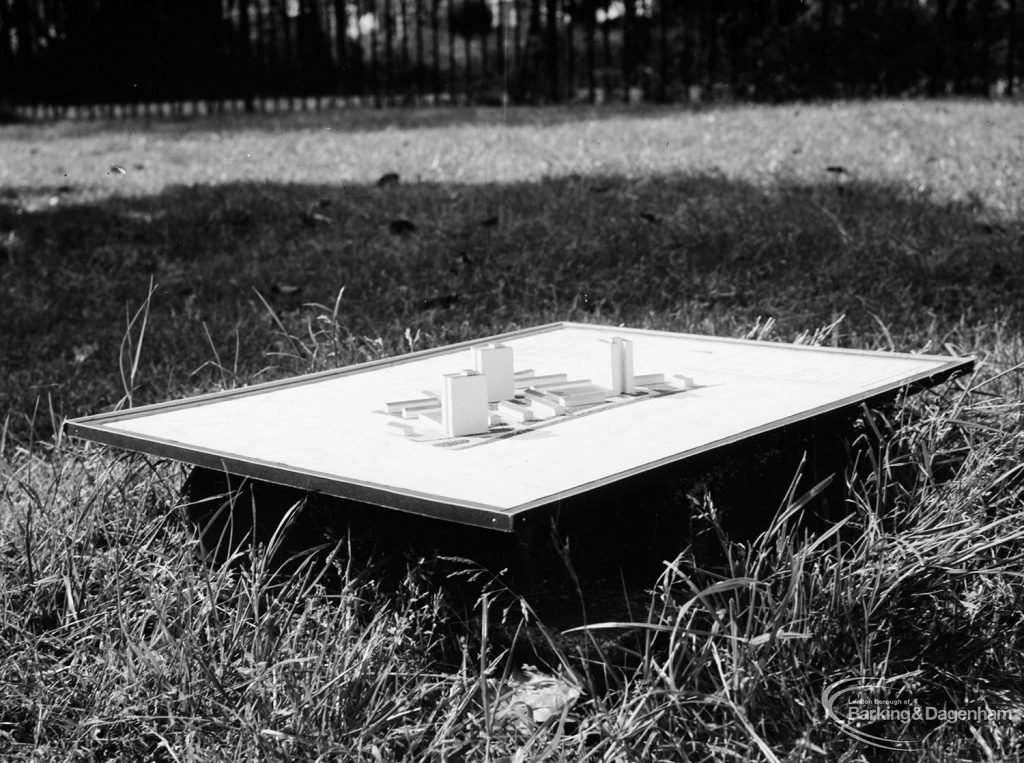 Housing, showing model of Castle Green development including three tower blocks, from north-east, 1966