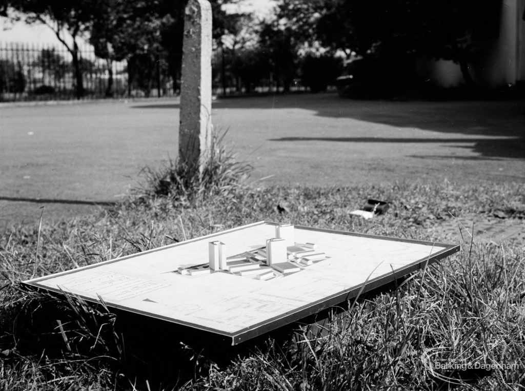 Housing, showing model of Castle Green development including three tower blocks, from south-east, 1966