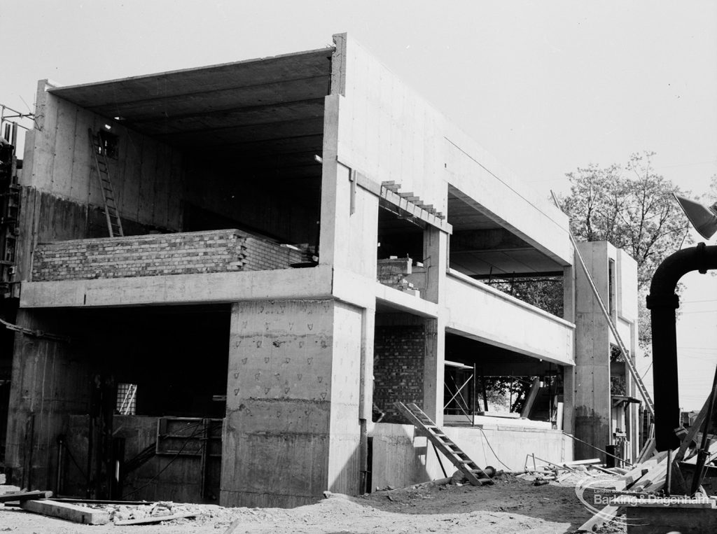 Riverside Sewage Works Reconstruction XI, showing east end of pump powerhouse, with tree at right, 1966