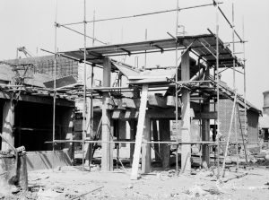 Riverside Sewage Works Reconstruction XI, showing hopper element in scaffolding, 1966