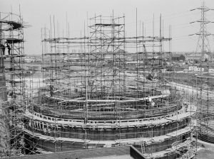 Riverside Sewage Works Reconstruction XI, showing steel skeleton of circular container, 1966